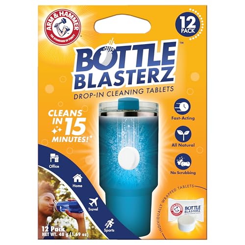 Arm & Hammer Bottle Blasterz - Drop-In Cleaning Tablets - Perfect for Water Bottles Tumblers and Coolers - All-Natural Ingredients Eliminates Odors Fast-Acting Individually Packed (12 Count)