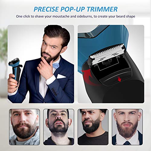 Electric Shavers for Men IPX7 Waterproof Wet and Dry, Mens Electric Razors Cordless USB Rechargeable Rotary Shaver with Pop-up Trimmer and Travel Lock, Blue