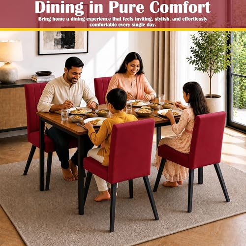 Image of Rosebell Set of 4 Dining Table Chairs with Wooden Top Table, Upholstered Cushioned Chairs, Modern Compact Dining Set for Home, Kitchen & Dining Room (Red)