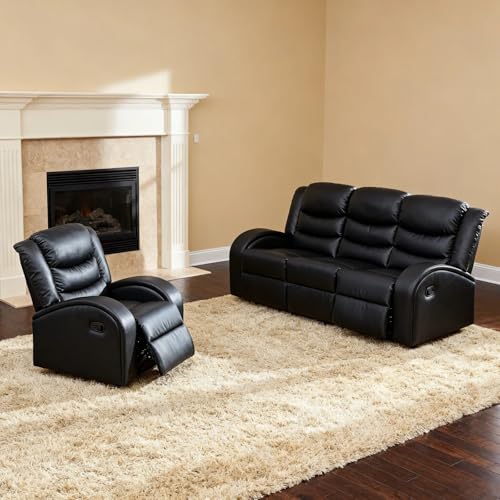 Image of Manual Recliner Sofa Set, Leather Reclining Living Room Furniture Set, Adjustable Backrest Reclining Chair and a 3 Seater Couch Furniture Set for Living Room, Home Theater, Black