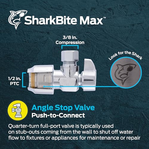 Image of SharkBite Max 1 /2 x 3 /8 Inch Compression Angle Stop Valve, Quarter Turn, Push to Connect Brass Plumbing Fitting, PEX Pipe, Copper, CPVC, PE-RT, HDPE, UR23036