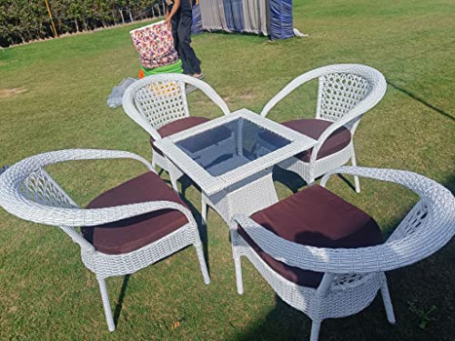 Image of Anaya Decor D-8 Chairs Table Set 4+1 Wicker Patio Furniture Sets 4 Chair and 1 Table with Cushions for Garden Balcony Bedroom Powder Coated Frame Uv Protected Wicker (Off White+Brown)