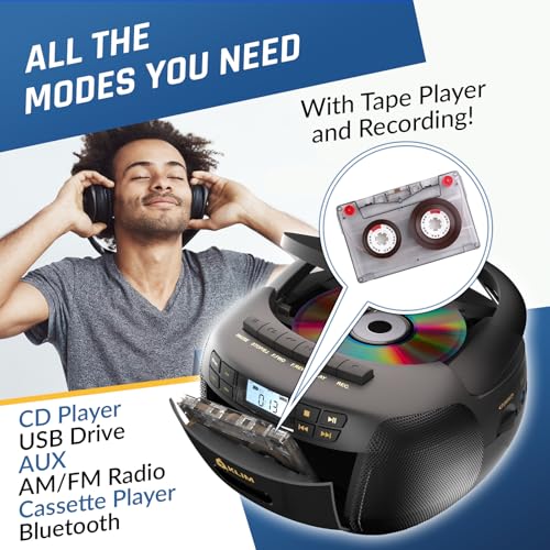 Image of KLIM CD Player & Cassette Tape Player, Bluetooth Boombox, AM /FM Radio, Stereo Sound, Remote, CD and Cassette Combo, Tape Recording, USB Drive, AUX, AC /DC Powered