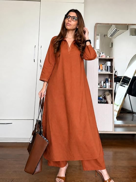 Image of ANNI Designer Cotton Blend Solid Straight Kurta with Palazzo for Women | Cotton Blend Rust | 3 /4 Sleeve | Shirt Collar | Ethnic Wear Casual Wear