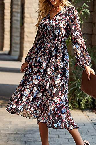 Image of PRETTYGARDEN Women's Floral Boho Dress Fall Long Sleeve Wrap V Neck Ruffle Flowy Maxi Spring Wedding Guest Vacation Dresses