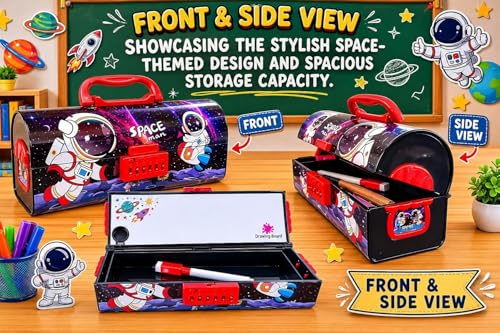 Image of Space Man Compass Box for Kids | Space Astronaut Printed Pencil Box with Number Lock | Large Capacity Stationery Storage Case for School Boys & Girls | Multipurpose Pencil Case