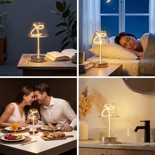 AUGE LIGHT Cordless Table Lamp, Mushroom Lamp, Artistic Twisted Filament Bedside Lamp with Chromed Base, 360° Soft Glow Ambient Light for Bedroom, Living Room, Patio, Modern Minimalist Home Decor — view 3