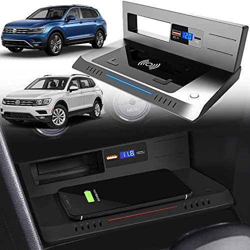 Wireless Car Charger Compatible with VW Tiguan 2018 2019 2020 2021 15W Fast Charging Phone Charger Pad for Volkswagen Tiguan Center Console Accessory Panel with QC3.0 USB for iPhone Galaxy