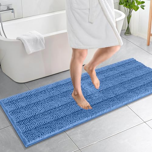 Image of OLANLY Thick Bathroom Runner Rugs 59x20, Absorbent Chenille Striped Bath Rugs, Rubber Backing, Machine Wash, Extra Long Bath Mats for Bathroom, Tub and Shower, Home Decor Accessories, Cornflower Blue