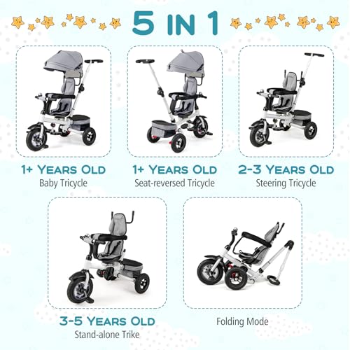 Costzon Tricycle, 5 in 1 Toddler Bike w/Foldable Push Handle, Rotatable Seat, EVA Wheel, Adjustable Canopy, Storage Basket & Bell, Trike for Kids 1-5 Years Old (Gray)