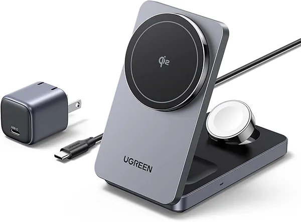 UGREEN MagFlow Qi2 3-in-1 Charger Station for iPhone 16, Foldable Wireless Charger Stand Compatible with iPhone 16/15/14/13/12 Series, AirPods 3/2/Pro, Smartwatch (Included 30W Adapter)