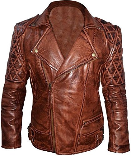 Mens Distressed Biker Cafe Racer Tan Brown Real Sheepskin Leather Motorcycle Jacket