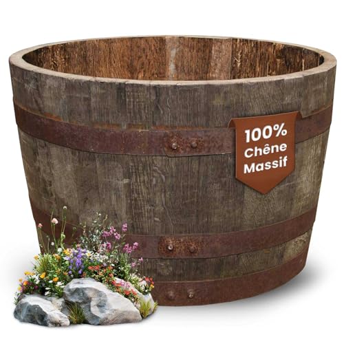 Temesso Demi-tonneau, Pot de Fleur Original d'un Baril à Whisky (Nature sans Extras)