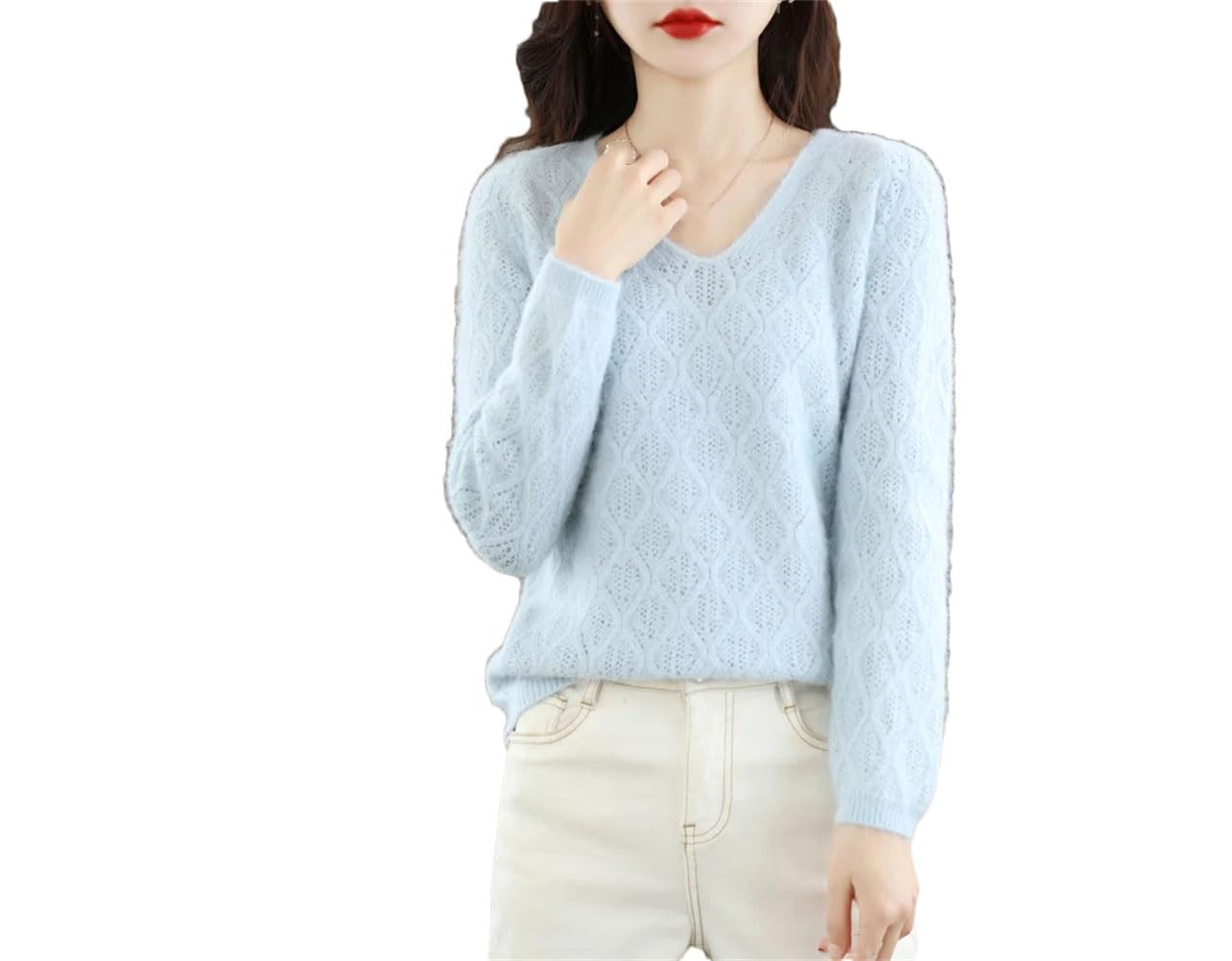 Maglione da donna lavorato a maglia a maniche lunghe con scollo a V allentato morbido maglione casual tinta unita
