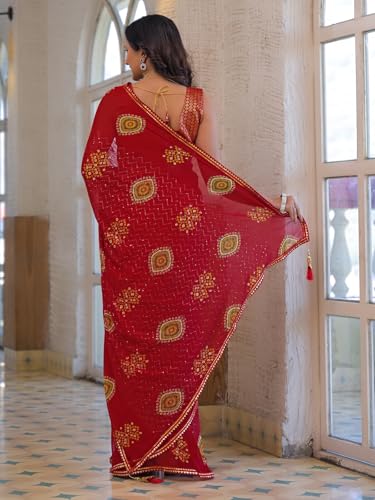 Image of SIRIL Women's Bandhani Printed Embroidery Georgette Saree with Unstitched Blouse Piece