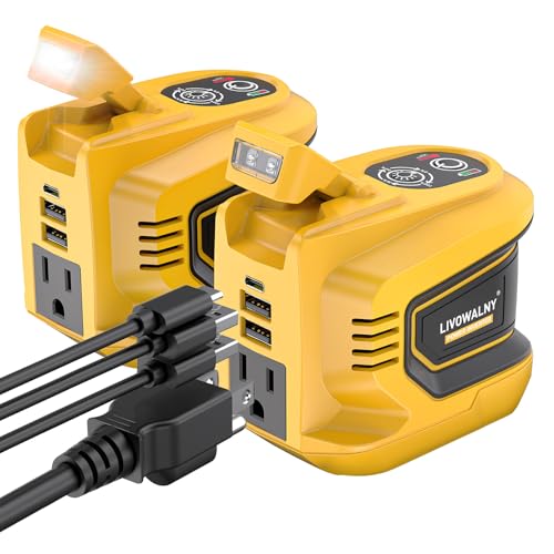 Image of LIVOWALNY 220W-250W Power Inverter Compatible with DeWALT 20V Battery (Battery Not Included), DC 20V to AC 110V-120V Portable Inverter, 1 AC Outlet, 2 USB Ports & 1 Type-C Port, LED Work Light(2-Pack)