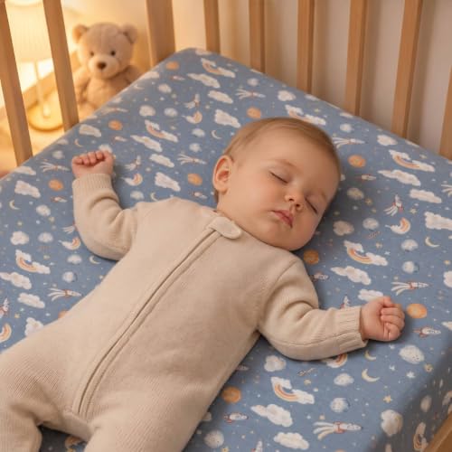 Image of AMROSE 2 Pack Flannel Fleece Crib Sheets, Space