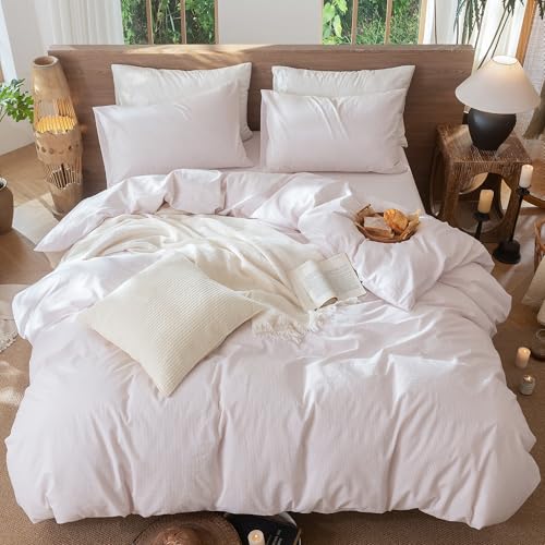 Image of MooMee Striped Duvet Cover Set 100% Washed Cotton Linen Like Cal King | Relaxed Linen-like Texture. Soft, Breathable & Long-lasting Comfort. Lightweight. Hidden Zipper with 8 Interior Corner Ties