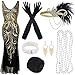 Accessoires de günstig Kaufen-PLULON 1920er Pailletten-Perlen-Fransenkleid mit Roaring 20s Accessoires-Set V-Ausschnitt Gatsby-Kleid mit Federkopfbedeckung Handschuhe Halskette Goldohrringe für Frauen