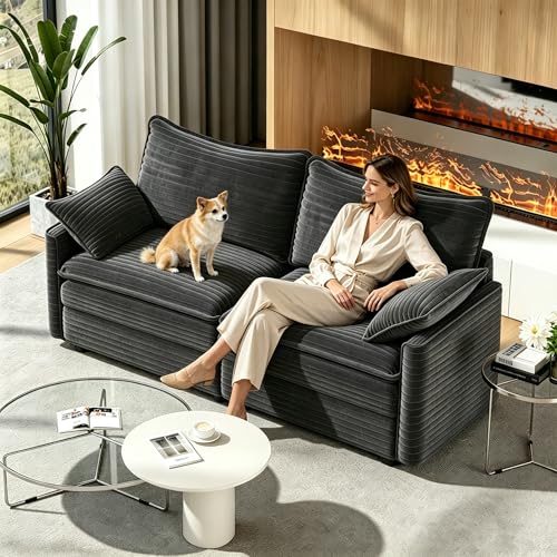 Image of Vesgantti 74 inch Cloud Couch for Living Room, 2 Seaters Deep Seat Sectional Modular Sofa, Double Cushion Corduroy Small Sofas Living Room Couches for Apartment, Office, Bedroom, Dark Grey