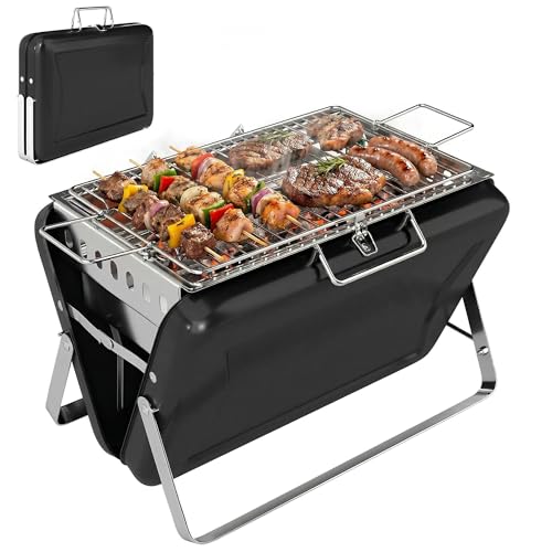 Outsunny Holzkohlegrill aus Edelstahl BBQ Smoker mit Grillrost Holzkohle Grill mit Griff klappbaren Beinen, Kohlegrill Standgrill für Barbeque Camping Terrasse Garten 40 x 28 x 25,5 cm Schwarz