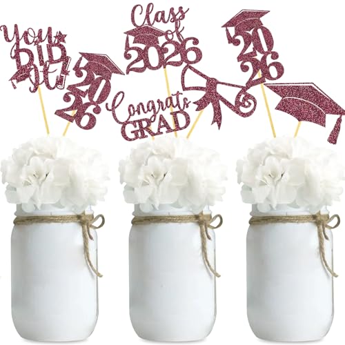 Image of Graduation Centerpiece Sticks 24PCS Glitter Grad Picks Party Table Decor Senior High School College Sign Maroon