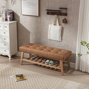 Kmax entryway bench with shoe storage leather upholstered wood storage bench for living room window bench with storage for bedroom end of bed pu brown  urban country home decor
