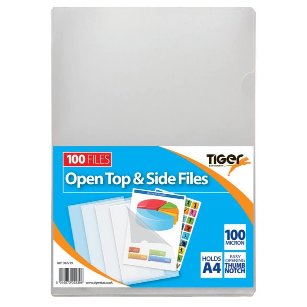 Tiger Pack of 100 A4 Open Top & Side Files – Clear