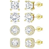 Noaxylic 4 Pares Pendientes, Pendientes Mujer, 6 mm Circonitas Earrings, con Circonia Cúbica, Circonita Cúbica para Mujer, Earrings de Circón, para Mujeres Hombres, Niñas, Oro