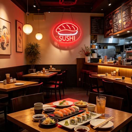 Image of SUSHI Neon Signs for Wall Decor Neon Lights for Business Led Signs Suitable for Japanese Restaurant Convenience Stores Supermarkets Office Bar Pub 5V Power Adapter 17.3*10.2 Inch(Red + White)