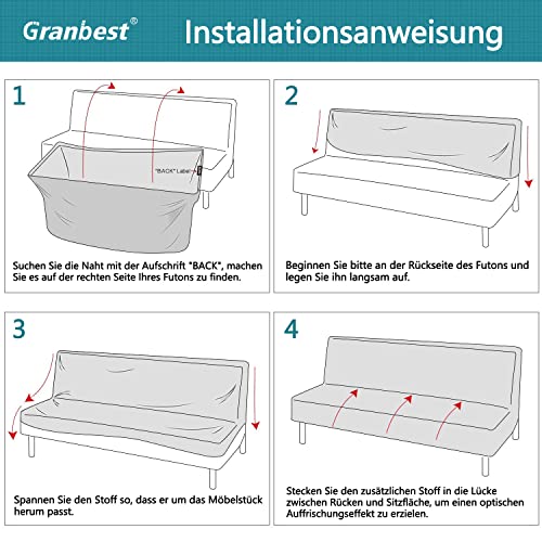 Granbest wasserdichte Armlose Futon Abdeckung, Hoher Stretch Futon Schutz für Faltendes Schlafsofa Anti-Rutsch Sofabezug ohne Armlehne (Grau)