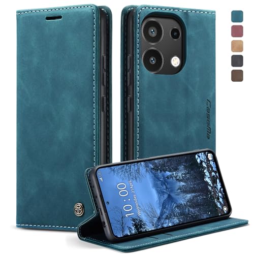 owlhold Handyhülle für Xiaomi Redmi Note 13 4G Hülle [Nicht für 5G] Premium Lederhülle Weiches Vintage-Nubukleder Faltbare Ständer Klapphülle Kartenfach Standfunktion stoßfest Schutzhülle -Blaugrün