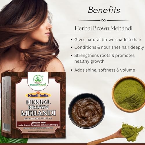 Image of Khadi Organic Brown Mehandi For Dark Brown Hair By Bhudevam Naturals | Pure Henna Powder for Lustrous Hair Color, Herbal Formula for Healthy Scalp Care - Pack of 4