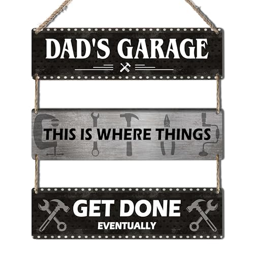 Dad's Garage Wooden Sign, 'This Is Where Things Get Done Eventually' Rustic Plaque 11.8x3.2 Inches Each, Perfect for Father’s Day, Christmas, Birthday, New Home Gifts, or Retirement.(017)