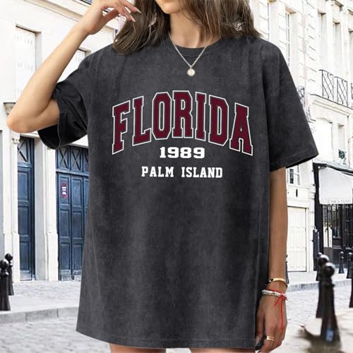 Image of Florida Beach Hawaiian T Shirts for Women Vintage Graphic Tees Acid Wash Oversized Tshirt Summer Cotton Tops