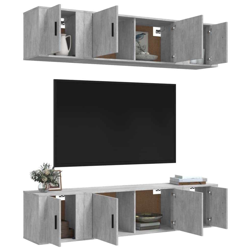 6-TLG. TV-Schrank-Set Betongrau Holzwerkstoff, Wandmontage, Modernes Media-Center für Wohnzimmer, Robustes Entertainment-Möbel mit Stauraum