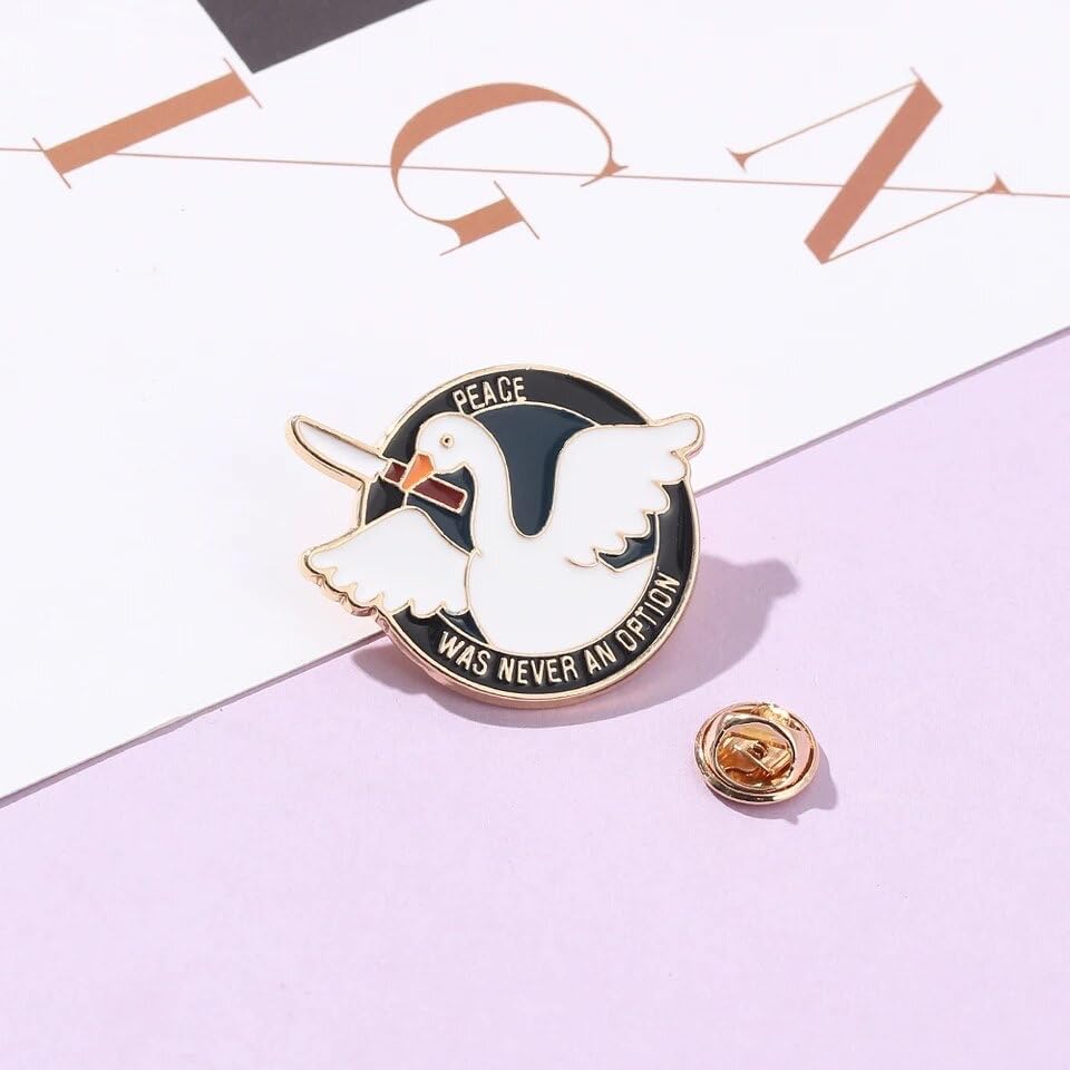 Image of FRANKdesigns inch inchPeace Was Never An Option inch inch Metal Alloy Pin from Untitled Goose Game - Be Goose Do Crimes