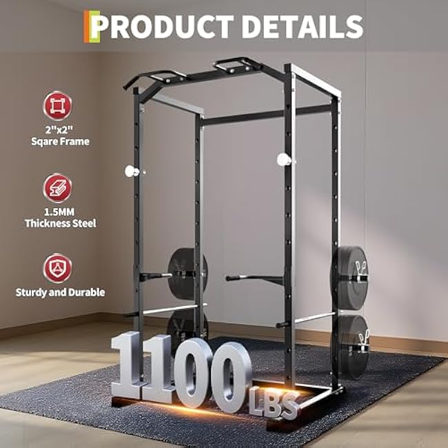 Power Cage, Squat Rack for Home Gym, 1100LB Capacity Power Rack with Pull-Up Bar, Adjustable Safety Bars, Strength Training for Home Gym