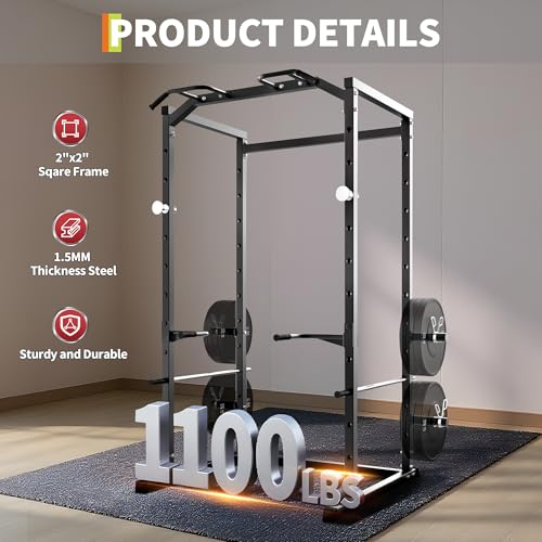 Power Cage, Squat Rack for Home Gym, 1100LB Capacity Power Rack with Pull-Up Bar, Adjustable Safety Bars, Strength Training for Home Gym