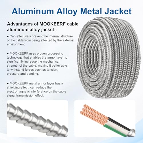 Image of 6 /2 MC Cable with Ground - 100FT Pure Copper 6AWG /2 Metal Clad Wire with Aluminum Armor 6 Gauge 2 Conductor Type MC Alum Cable