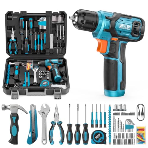 Seesii Cordless Drill Set, 108 Pcs Home Tool Kit, 12Nm Torque & Battery | Steel Bits for DIY Home Repair & Furniture Assembly, Flexible Shaft, 3/8' Keyless Chuck, Housewarming Gifts for Men Dad