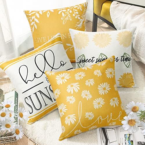 Dremisland Hello Sunshine Cushion Covers 18x18 Set of 4 Bloom Daisy Decorative Pillow Covers Farmhouse Sunflower Yellow Linen Pillowcases for Sofa Couch Indoor Outdoor Home Decor