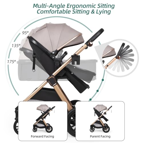 Image of 6-in-1 Convertible Baby Stroller with Bassinet Mode - Toddler Stroller w /Footmuff, Rain Cover, Cup Holder & Large Storage, Newborn w /All-Scene Large Wheels, Reversible Seat(Grey)