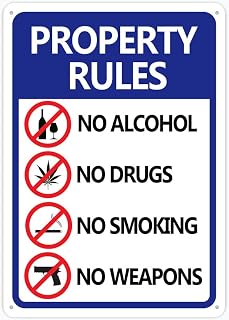 Property Rules No Alcohol No Drugs No Smoking No Weapons Sign, Premium Aluminum & Sun-Proof - Fit Apartment Complex, Community Center, Park, Rust-Free & Fade Resistant 12""x8""