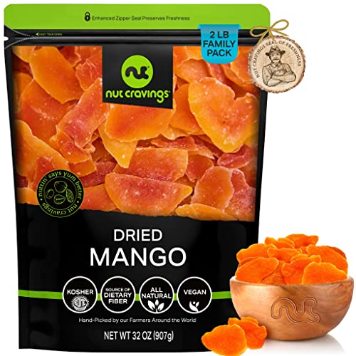 Nut Cravings - Sun Dried Mango Slices, with Sugar Added (32oz - 2 LB) Packed Fresh in Resealable Bag - Sweet Fruit Snack Treat - Healthy Food, All Natural, Vegan, Kosher Certified