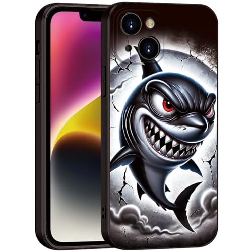 Printed Shark Pattern for iPhone 13 Case, Printed Fierce Red-Eyed Shark Cartoon Silicone Soft Shockproof case,for Girls & Women & boy & Men (B1-Cartoon Shark-Cool)