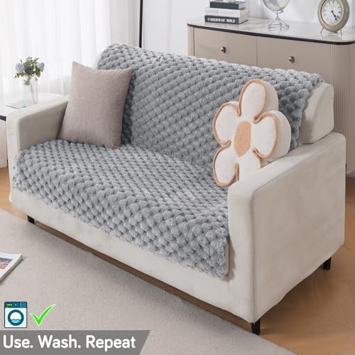 Image of HOKIPO Luxury Rabbit Wool Plush Fluffy Sofa Cover for 2 Seater Sofa | Full Protection for Sofa Seat and Back | 'BunnySoft Series' (180x120 cm), Moon Grey (AR-6667-GRY)