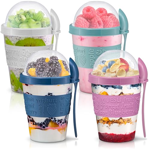 Tribello 4 Pack - On the Go Yogurt Parfait Cups with Lids Topping Compartment & Spoon Yogurt/Parfait Cups for Breakfast Meal Prep Reusable Leak Proof Container - BPA Free - 20oz - Colorfull