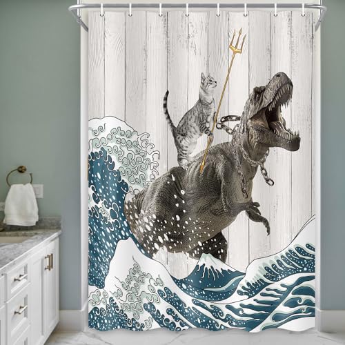 Image of Boziqr Funny Cat Shower Stall Curtain, Cool Cat Dinosaur Japanese Ocean Wave Decor Fabric Bathroom Curtains, Kids Children Rustic Wooden Farmhouse Shower Curtain, 48 X 70 Inches