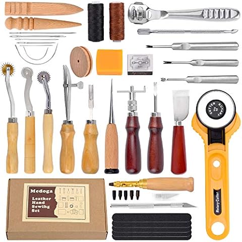 medoga 37Pcs Leather Craft Tools Leather Sewing Tools DIY Leather Hand Stitching Tool Kit for Sewing Leather Cover